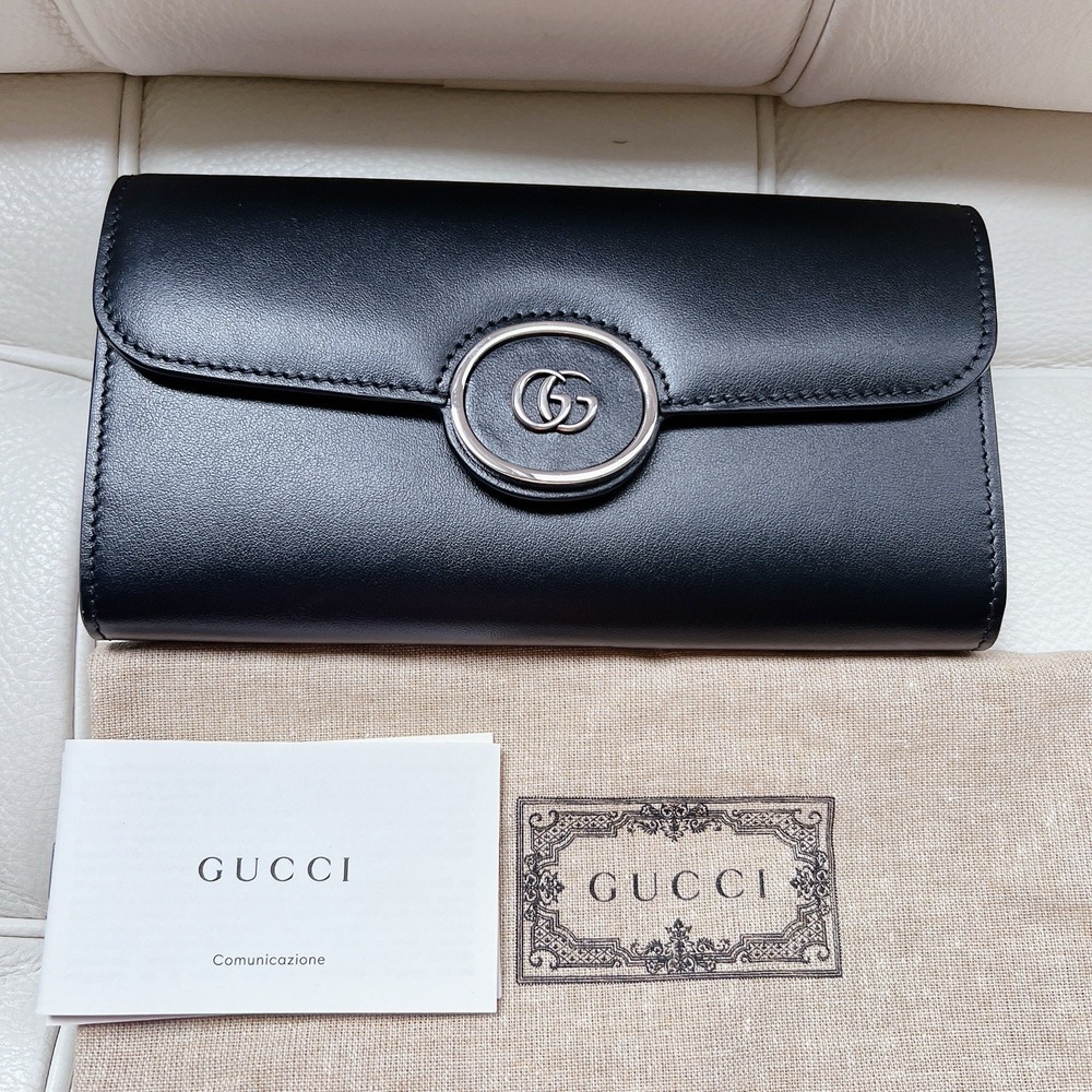 Gucci 762167 Mini Joan Double GG Logo Leather Black Bifold Long Wallet - NEW